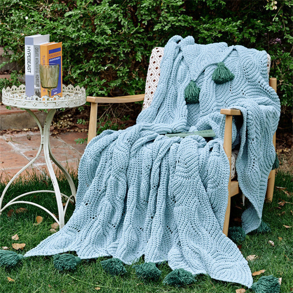 Cozy Knit Pom Blanket Green Blankets