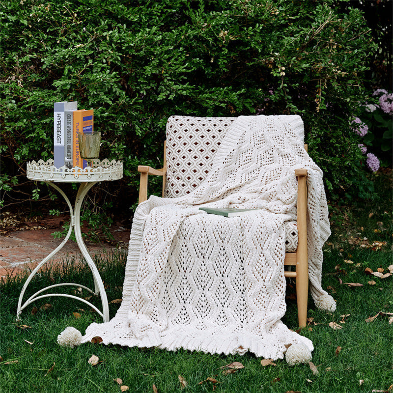 Cozy Knit Pom Blanket White Beige Blankets