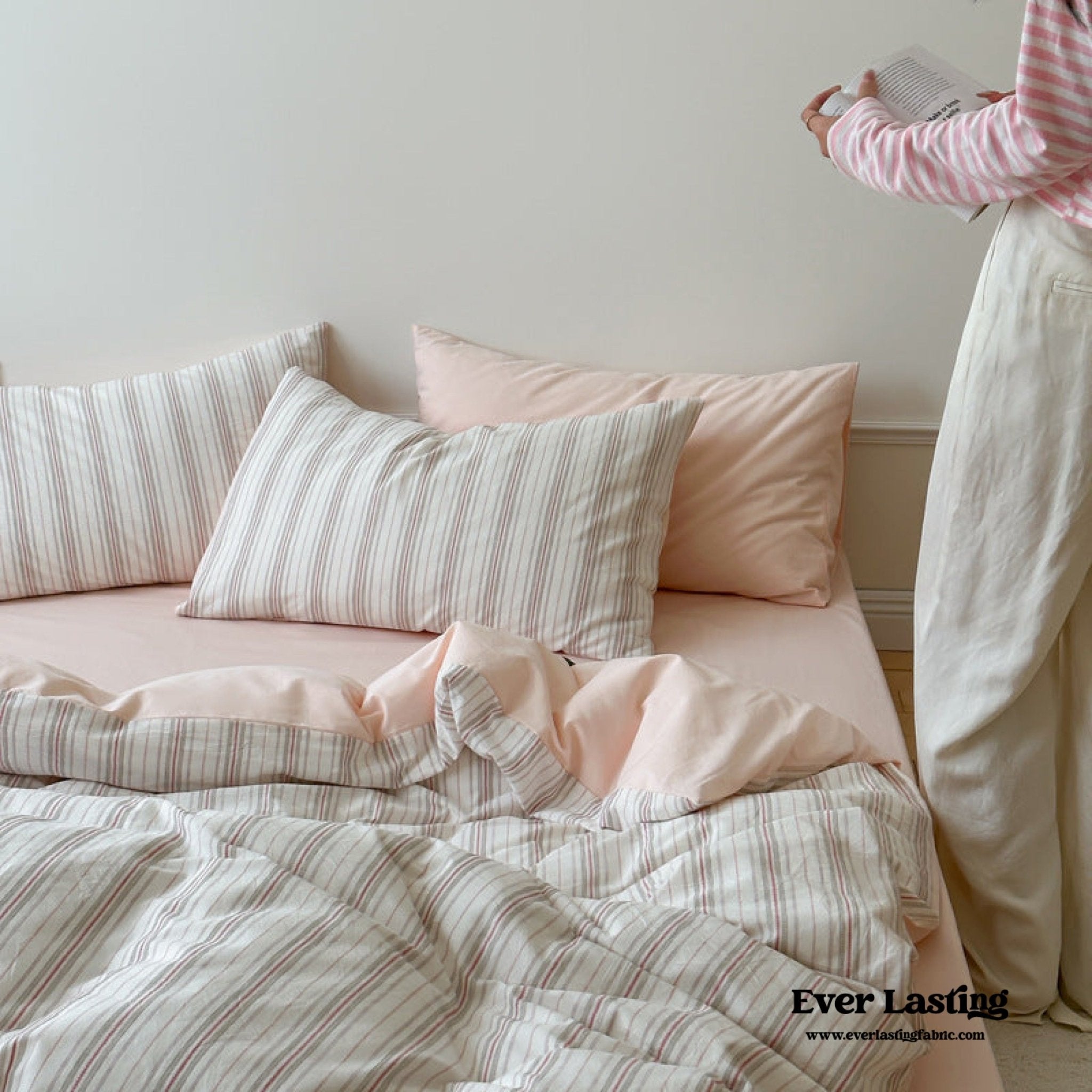 Cozy Pastel Striped Washed Cotton Pillowcases / Pink - Ever Lasting