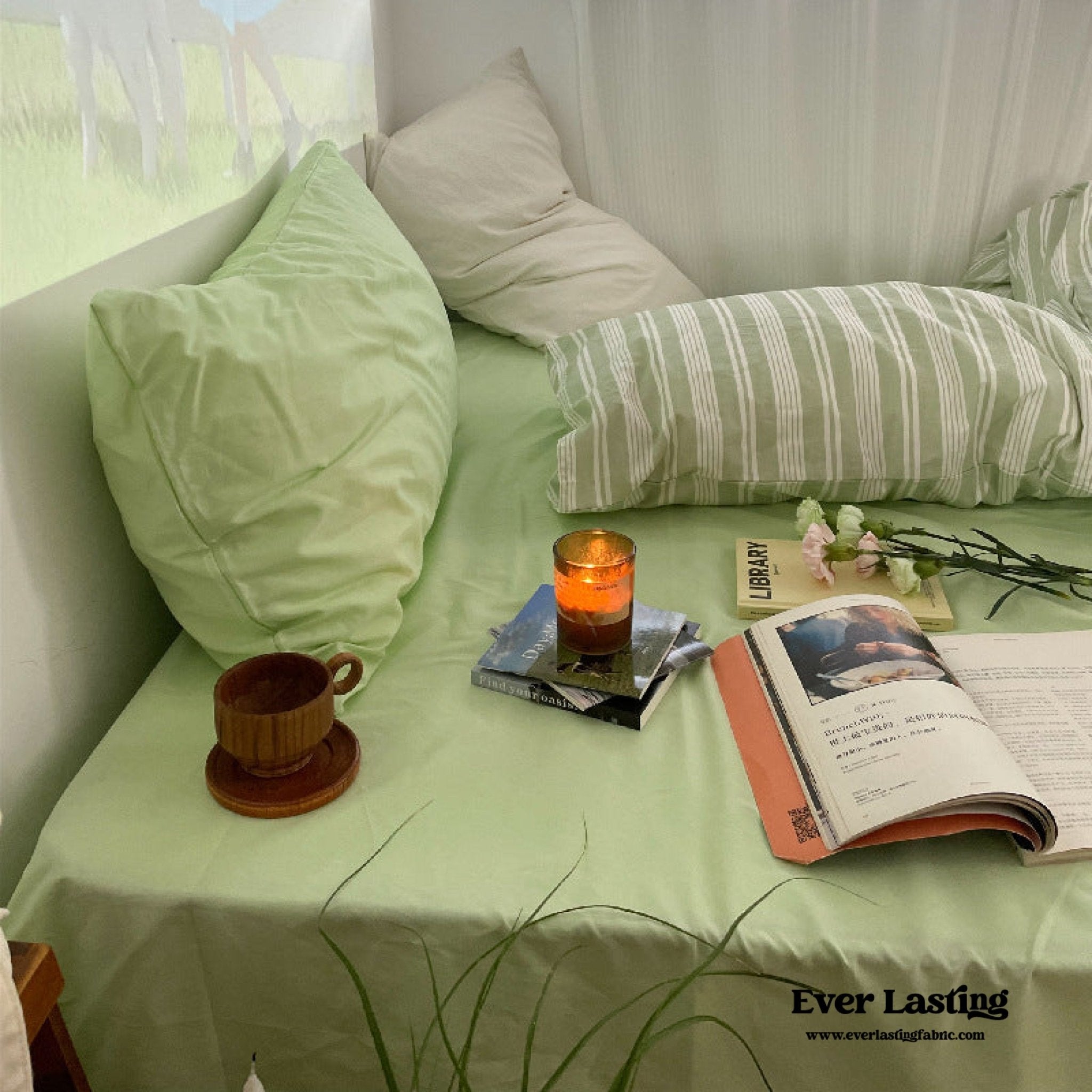 Cozy Washed Cotton Striped Bedding Set / Pink - Ever Lasting