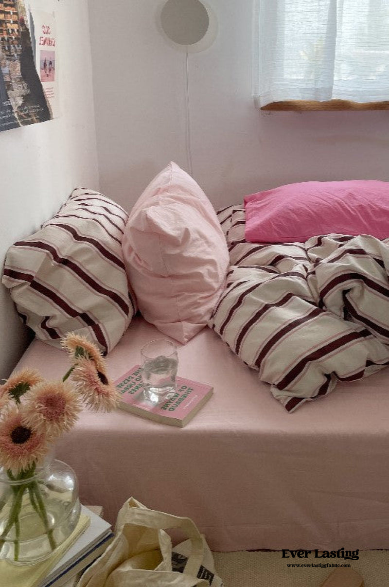 Cozy Washed Cotton Striped Bedding Set / Pink