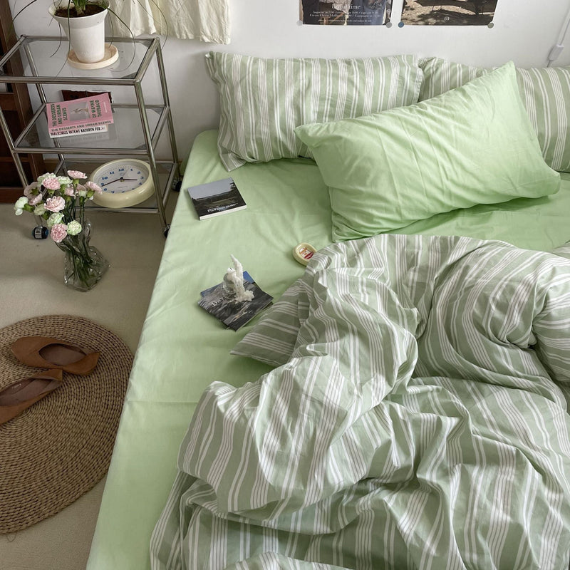 Cozy Washed Cotton Striped Bedding Set / Pink Green Small Flat