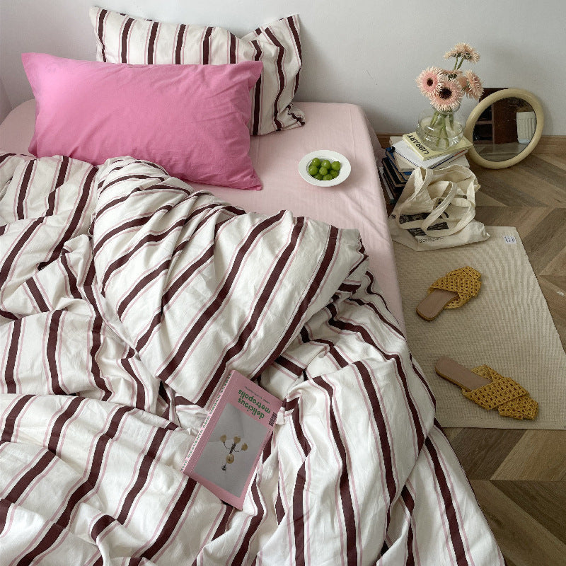 Cozy Washed Cotton Striped Pillowcases Pink