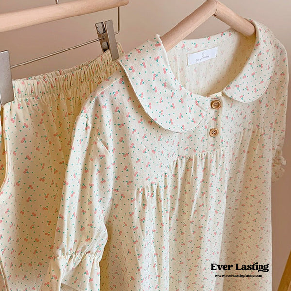 Cream Floral Quarter Sleeves & Long Pants Pajama Set Pajamas