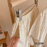 Cream Floral Short Sleeves And Pajama Set Pajamas