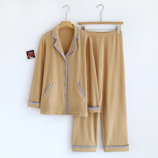 Plush Lapel Trimmed Casual Pajama Set / Khaki