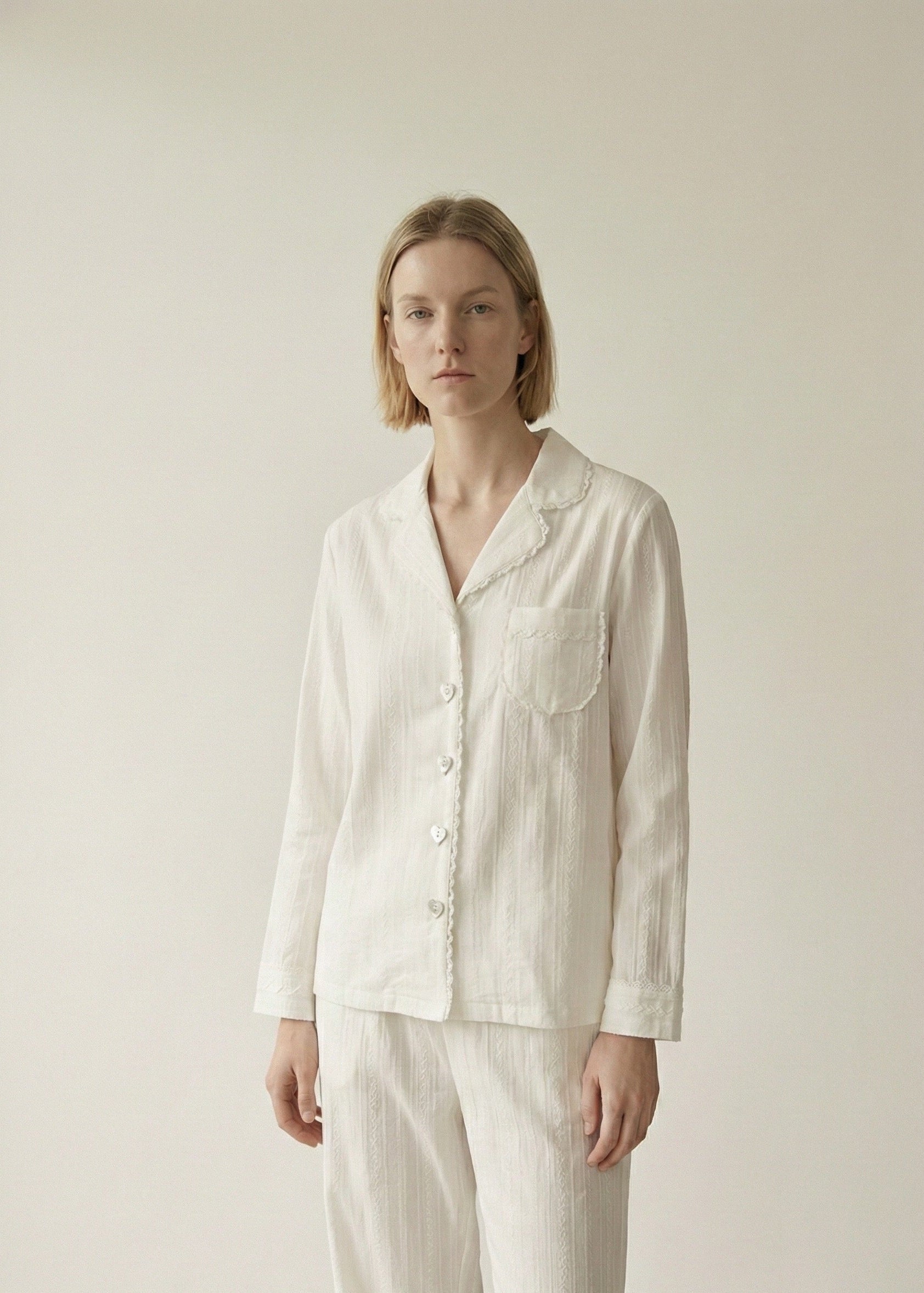  - Ever Lasting - Delilah Double Gauze Lace Pajama Set / White - Pajamas - Ever Lasting