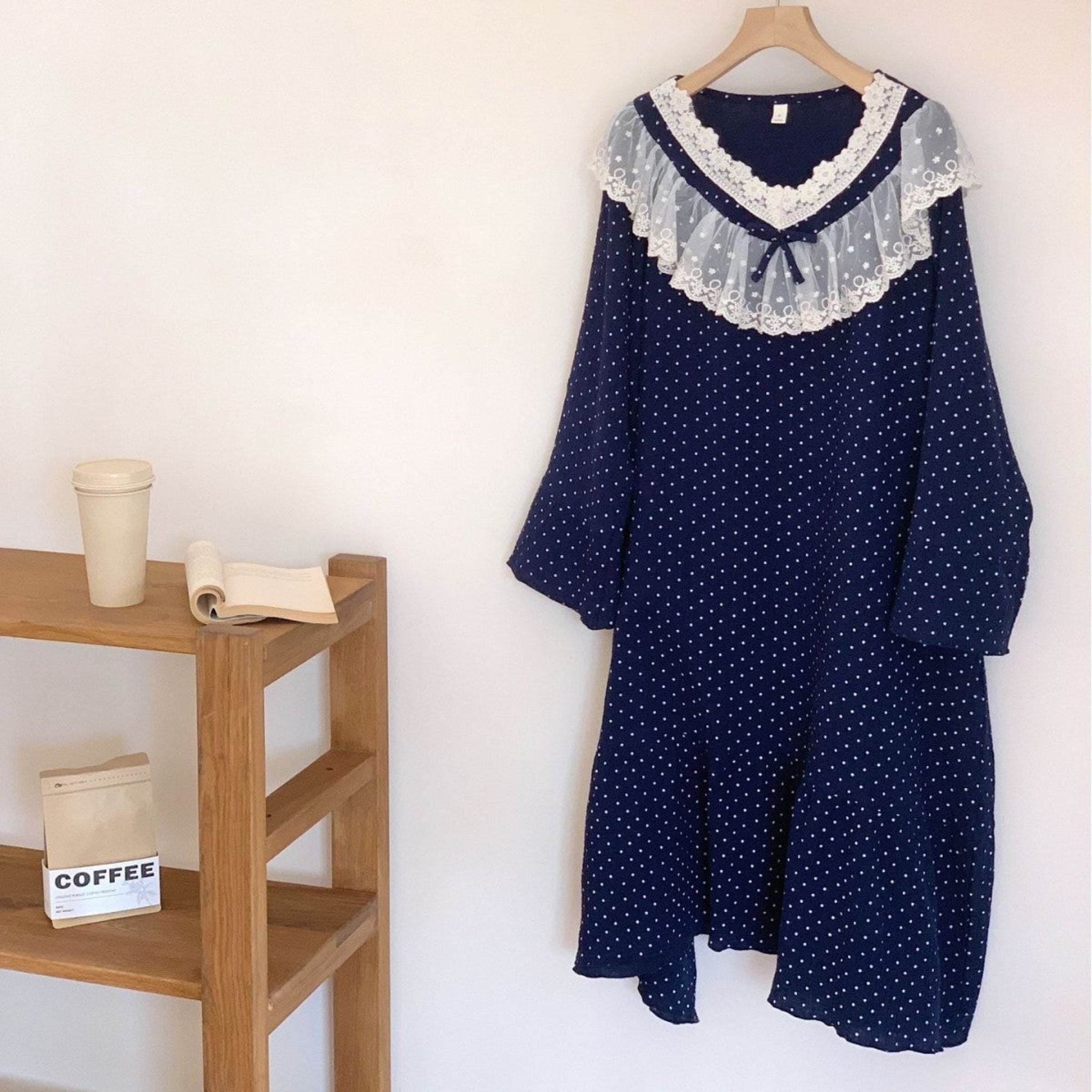 Double Gauze Lace Collar Nightdress / Blue - Ever Lasting