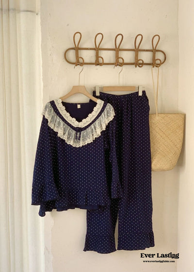 Spliced Lace Lapel Collar Pajama Set