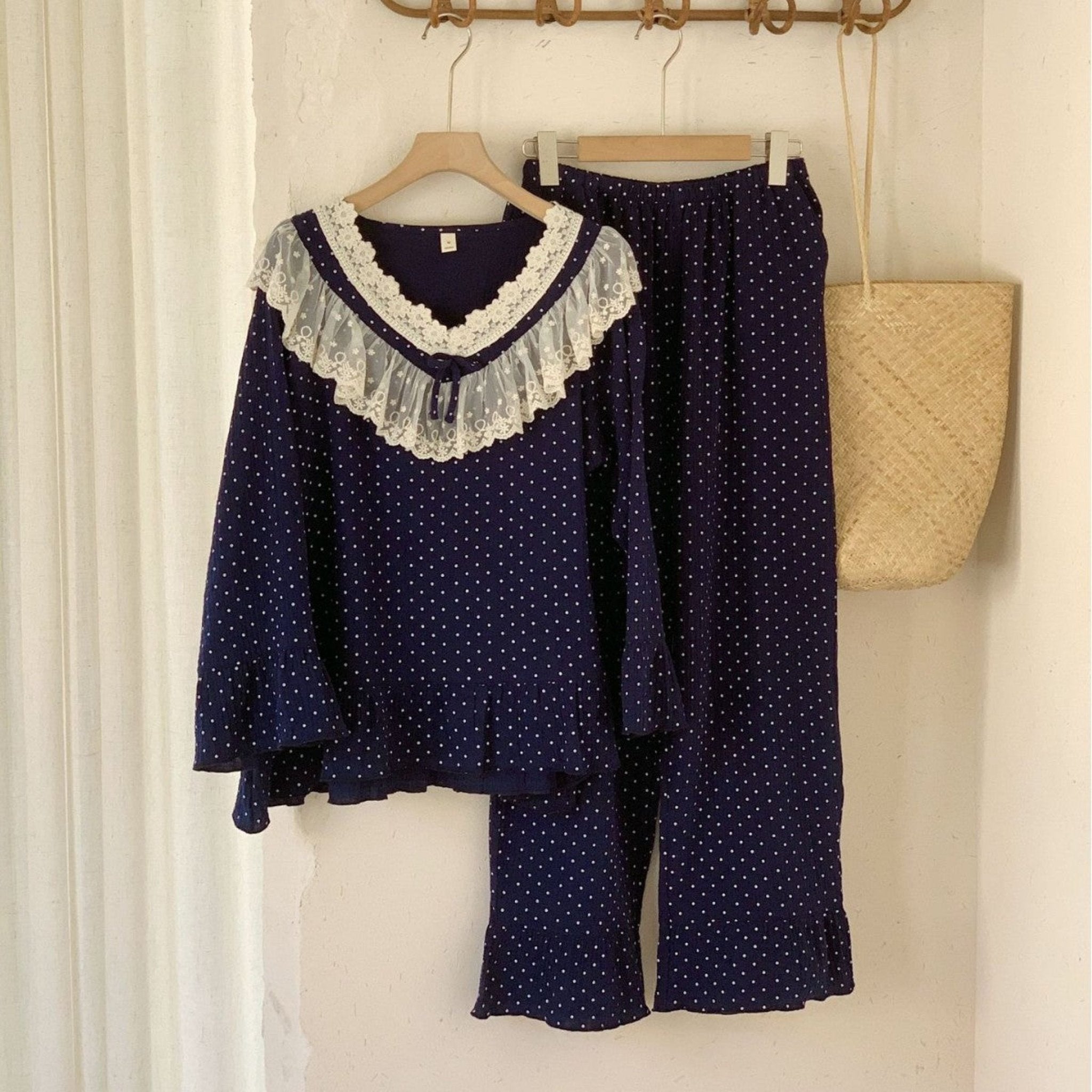 Double Gauze Lace Collar Pajama Set / Blue - Ever Lasting