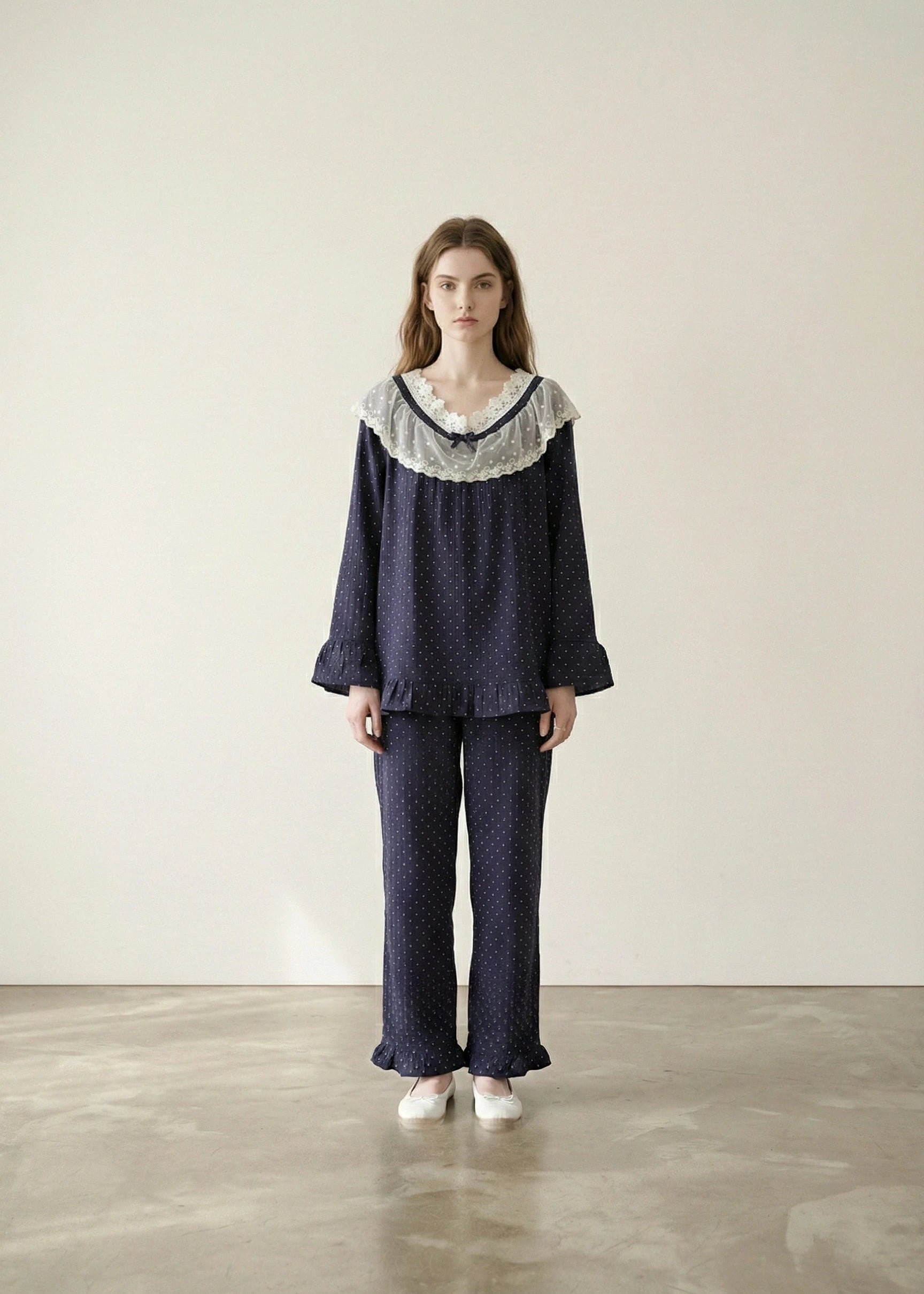  - Ever Lasting - Double Gauze Lace Collar Pajama Set / Blue - Pajamas - Ever Lasting