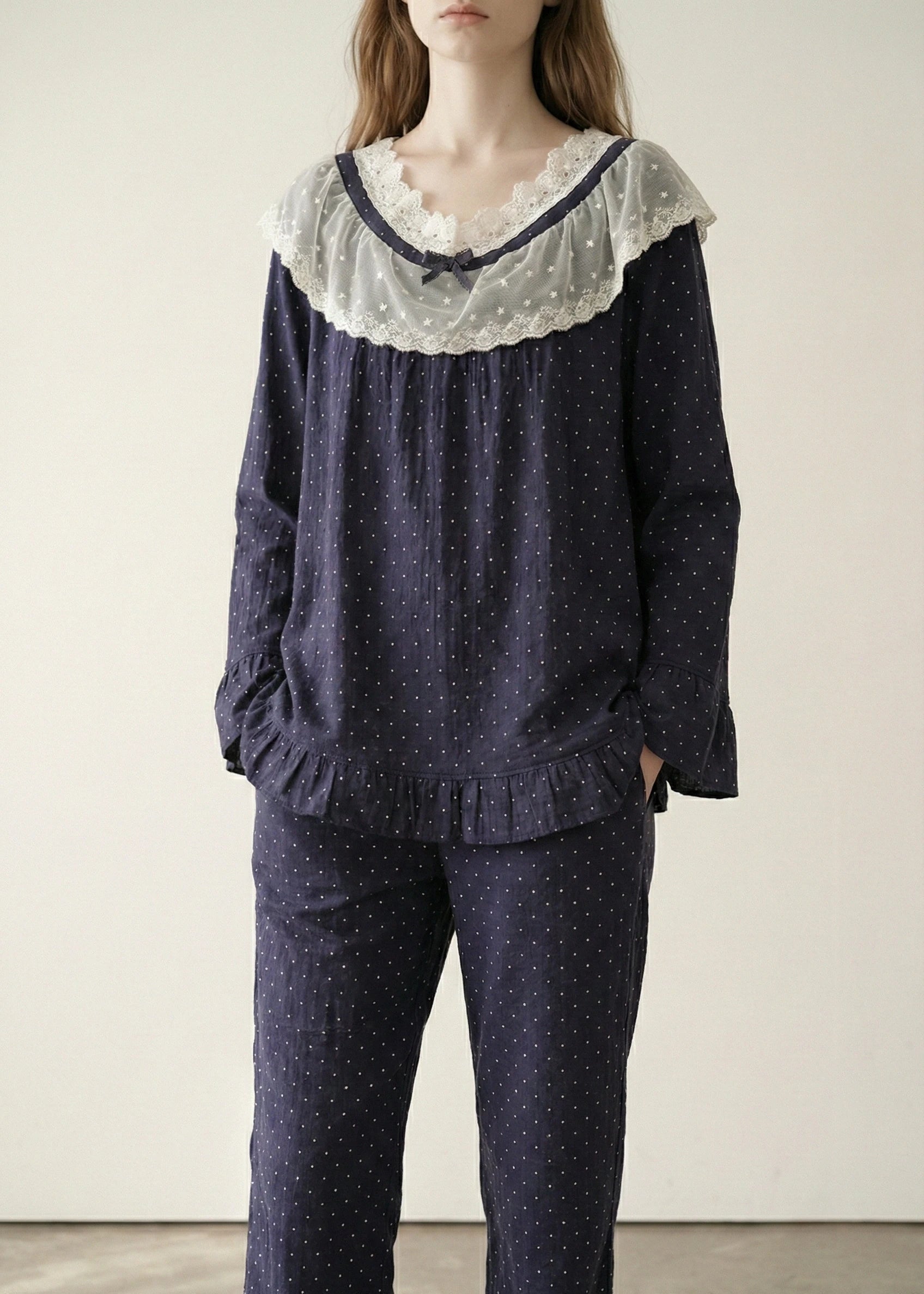  - Ever Lasting - Double Gauze Lace Collar Pajama Set / Blue - Pajamas - Ever Lasting