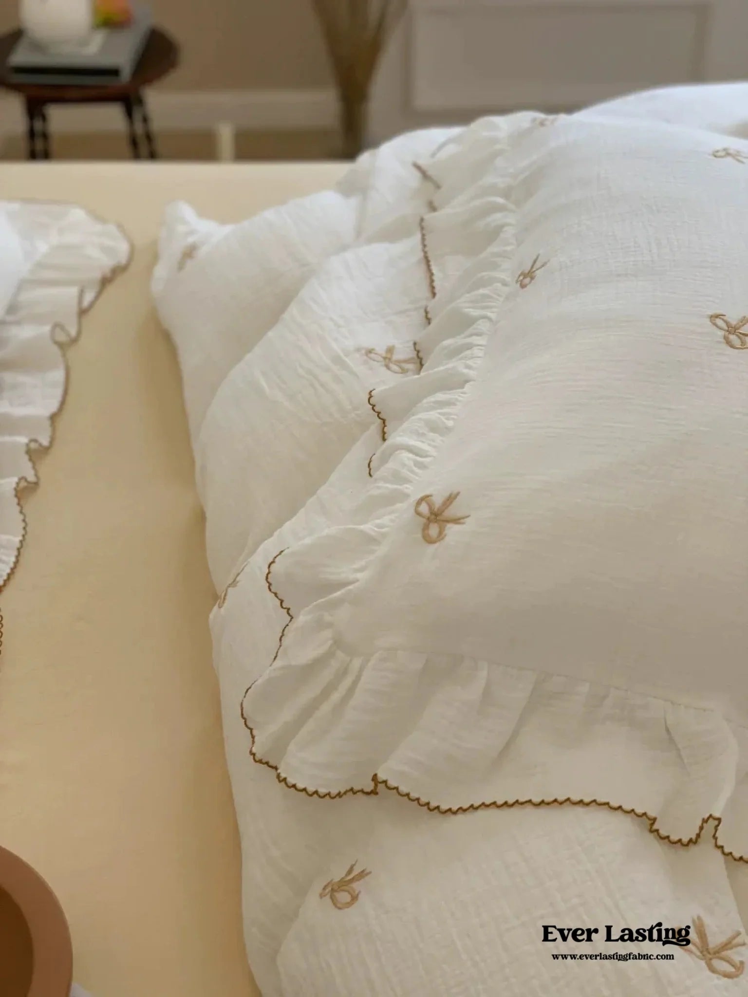 Double Layer Ribbon Tie White Ruffle Bedding Bundle - Ever Lasting
