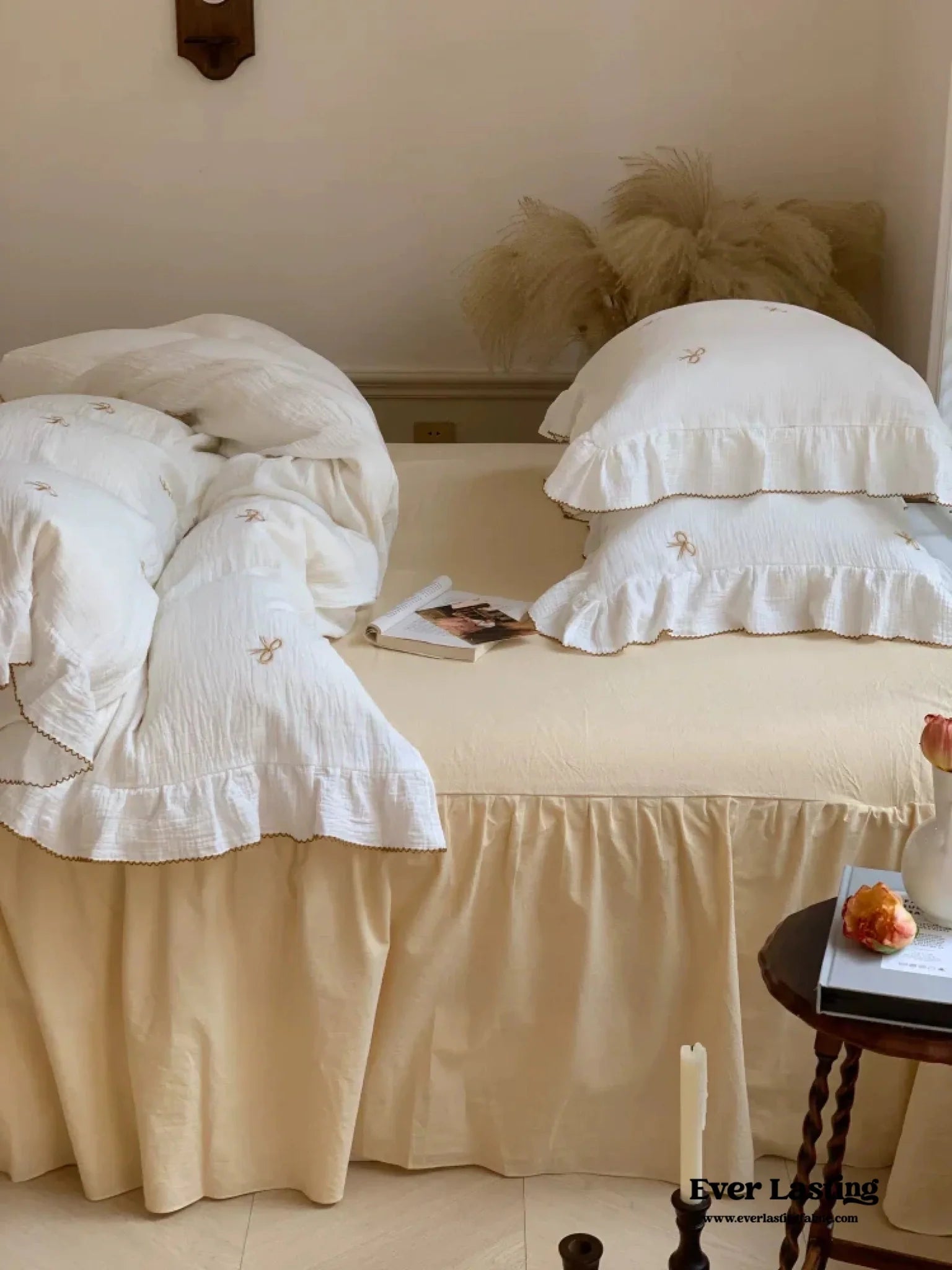 Double Layer Ribbon Tie White Ruffle Bedding Bundle - Ever Lasting