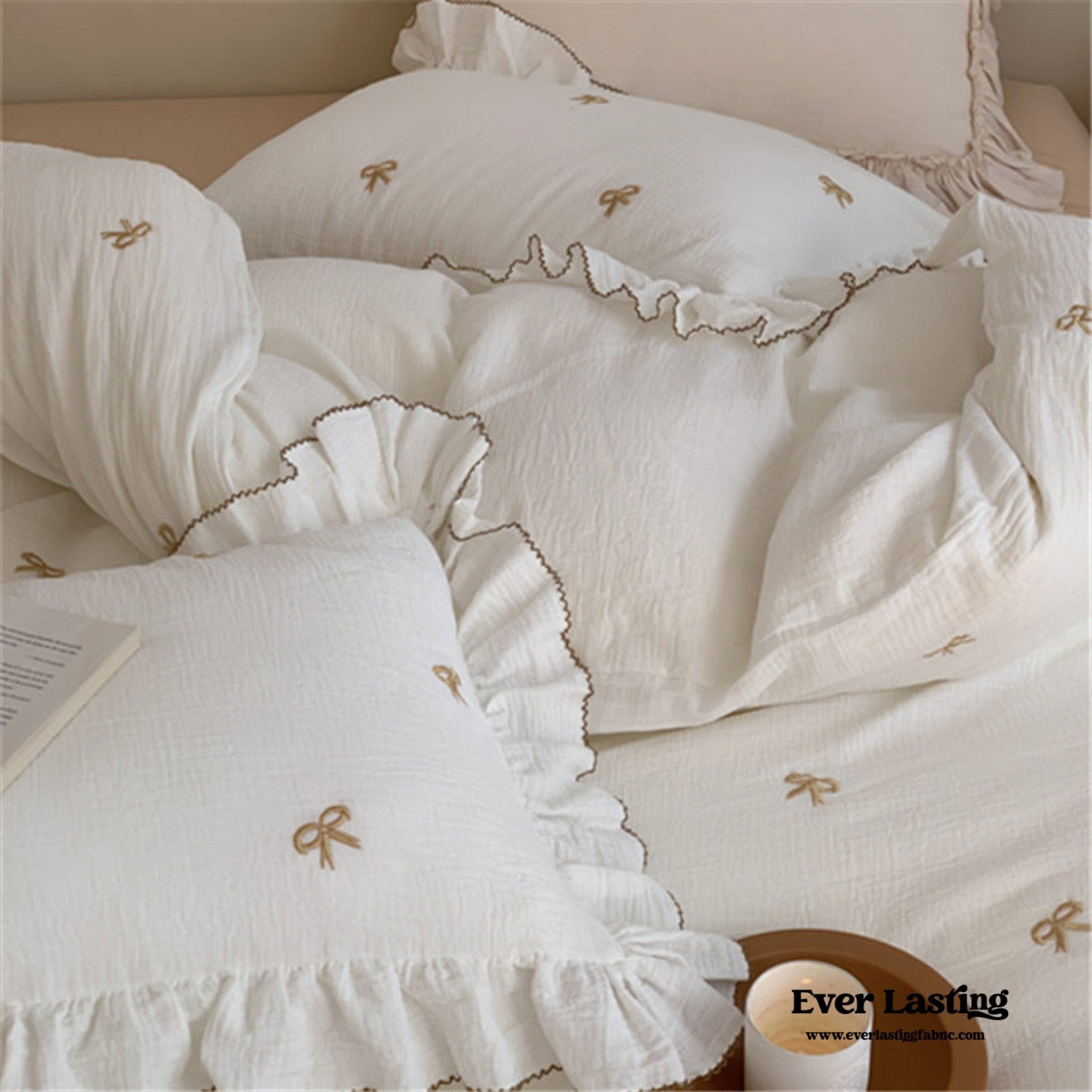 Double Layer Ribbon Tie White Ruffle Bedding Bundle - Ever Lasting