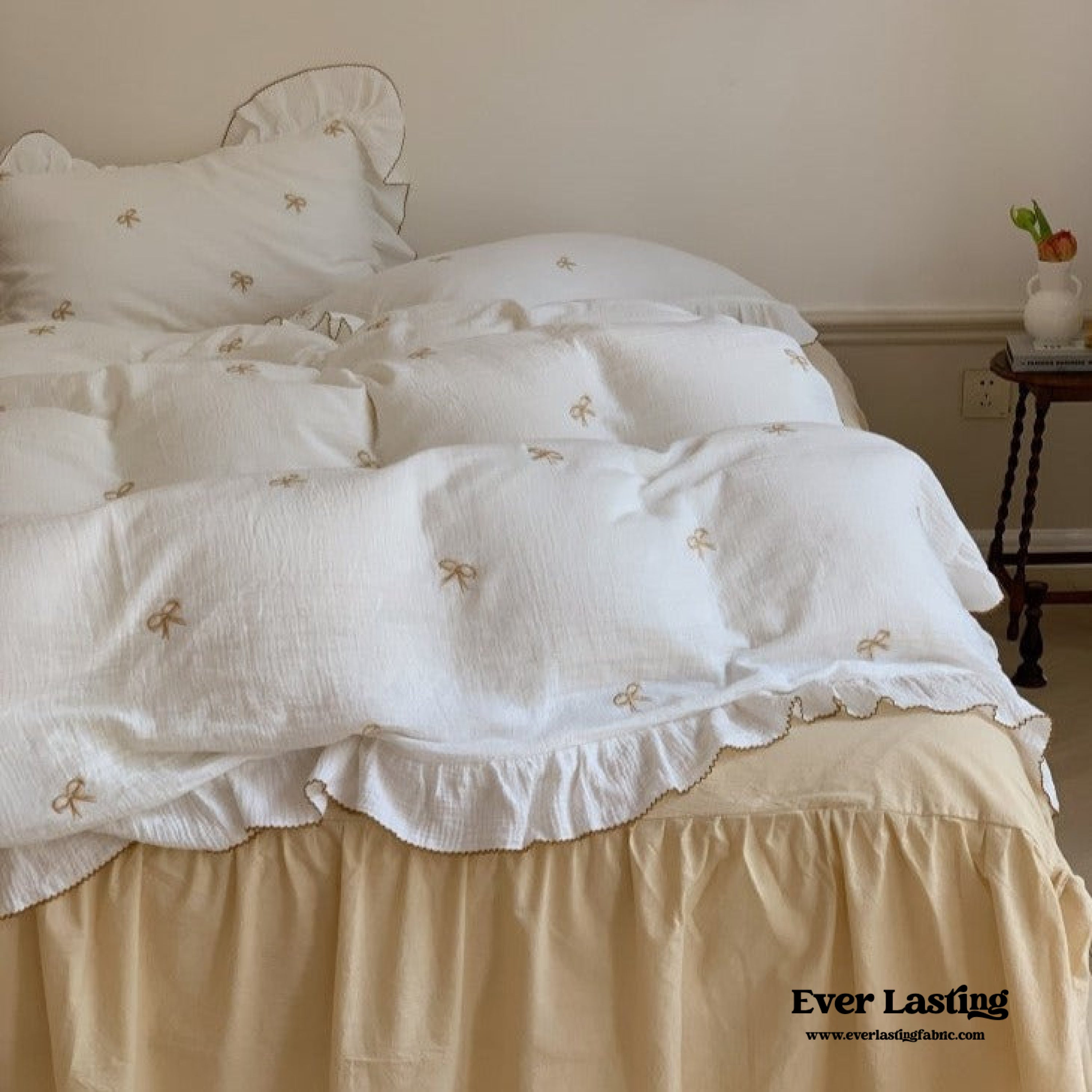 Double Layer Ribbon Tie White Ruffle Bedding Bundle