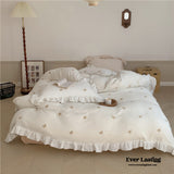 Double Layer Ribbon Tie White Ruffle Bedding Set