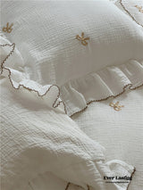 Double Layer Ribbon Tie White Ruffle Bedding Set