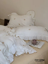 Double Layer Ribbon Tie White Ruffle Bedding Set