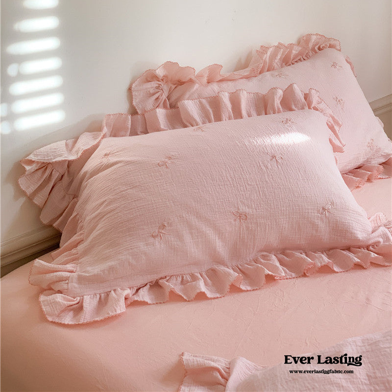 Double Layer Ribbon Tie White Ruffle Bedding Set