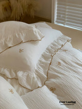 Double Layer Ribbon Tie White Ruffle Bedding Set