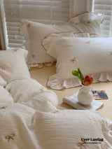 Double Layer Ribbon Tie White Ruffle Bedding Set