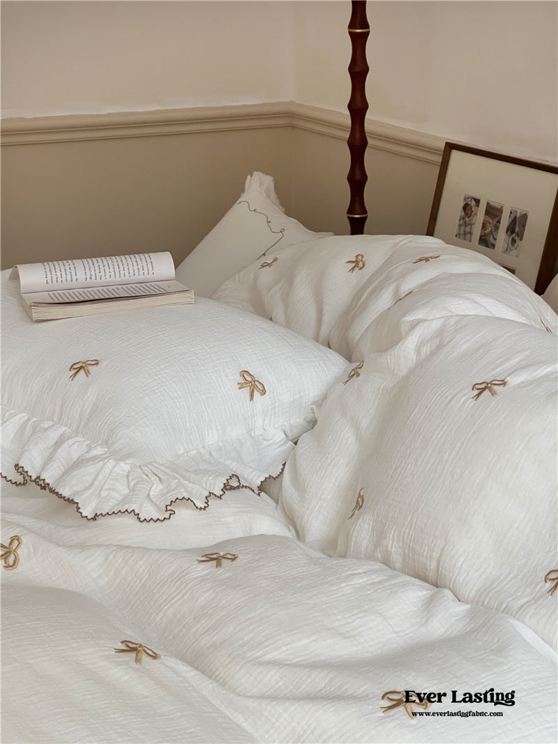 Double Layer Ribbon Tie White Ruffle Bedding Set