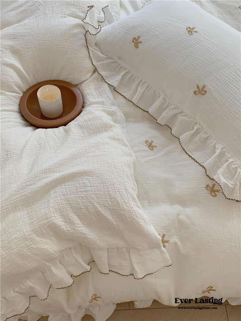 Double Layer Ribbon Tie White Ruffle Bedding Set