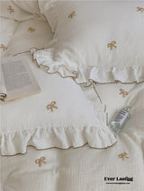 Double Layer Ribbon Tie White Ruffle Bedding Set