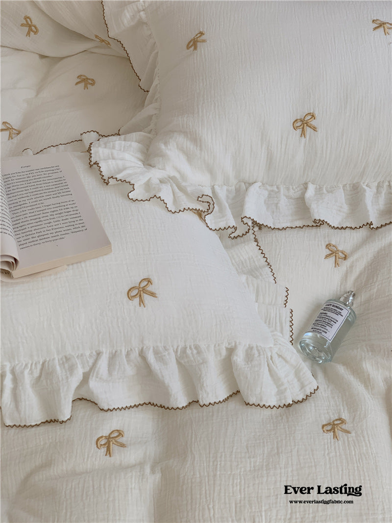 Double Layer Ribbon Tie White Ruffle Bedding Set