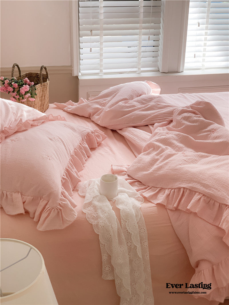 Double Layer Ribbon Tie White Ruffle Bedding Set