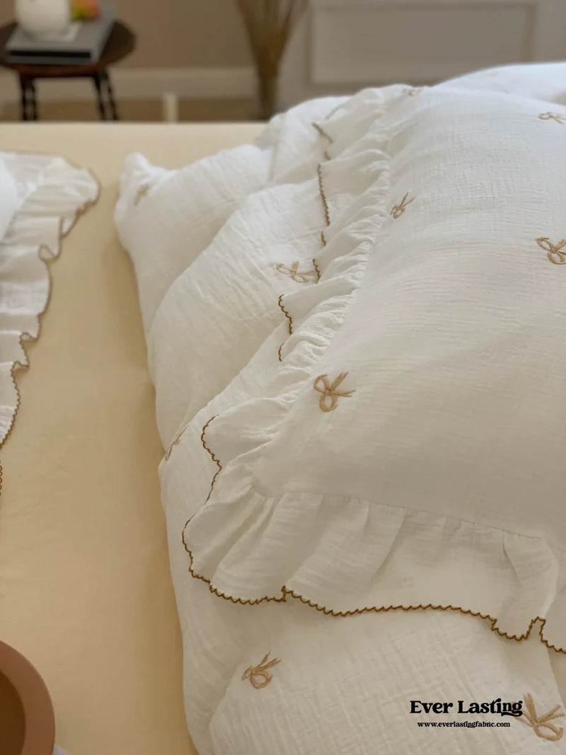 Double Layer Ribbon Tie White Ruffle Bedding Set