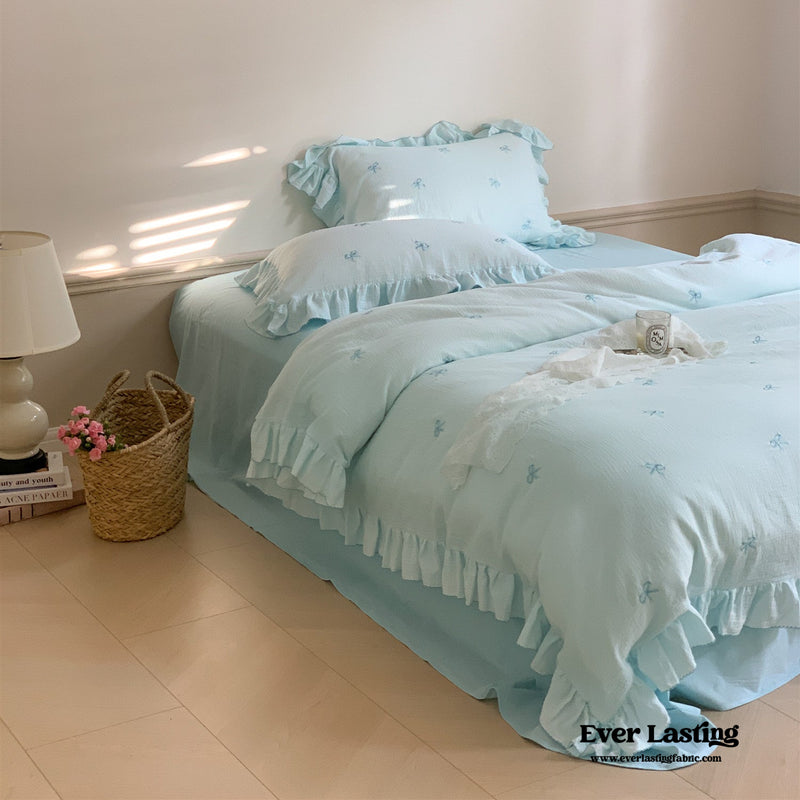 Double Layer Ribbon Tie White Ruffle Bedding Set