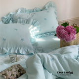 Double Layer Ribbon Tie White Ruffle Bedding Set