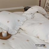 Double Layer Ribbon Tie White Ruffle Bedding Set