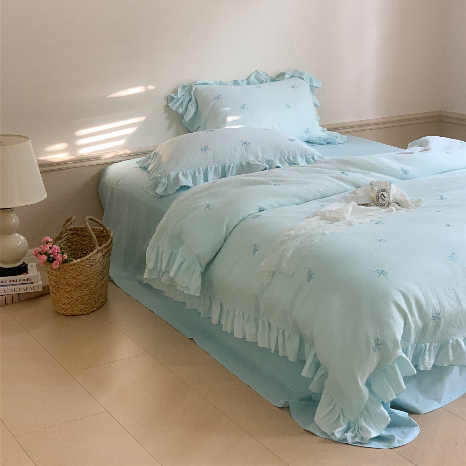  - Ever Lasting - Double Layer Ribbon Tie White Ruffle Bedding Set - Bedding Set - Ever Lasting