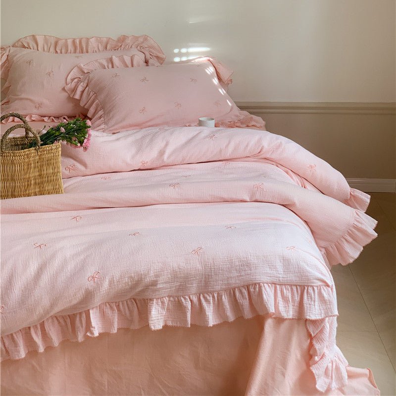 - Ever Lasting - Double Layer Ribbon Tie White Ruffle Bedding Set - Bedding Set - Ever Lasting