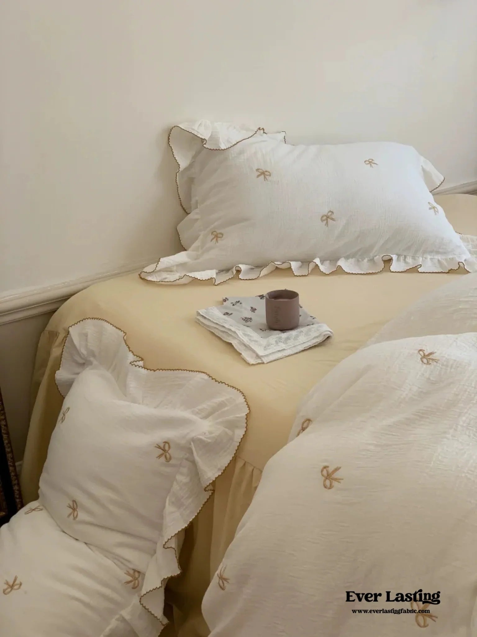  - Ever Lasting - Double Layer Ribbon Tie White Ruffle Bedding Set - Bedding Set - Ever Lasting