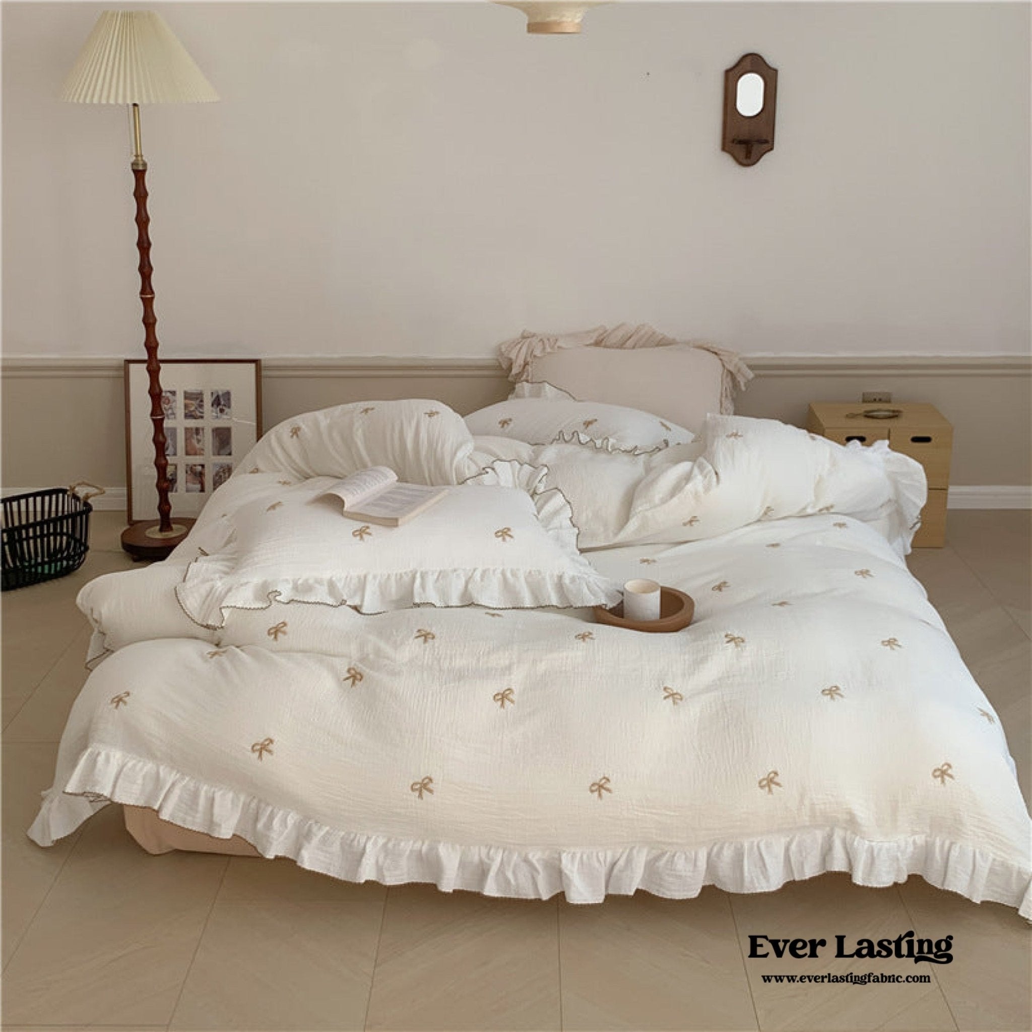  - Ever Lasting - Double Layer Ribbon Tie White Ruffle Bedding Set - Bedding Set - Ever Lasting