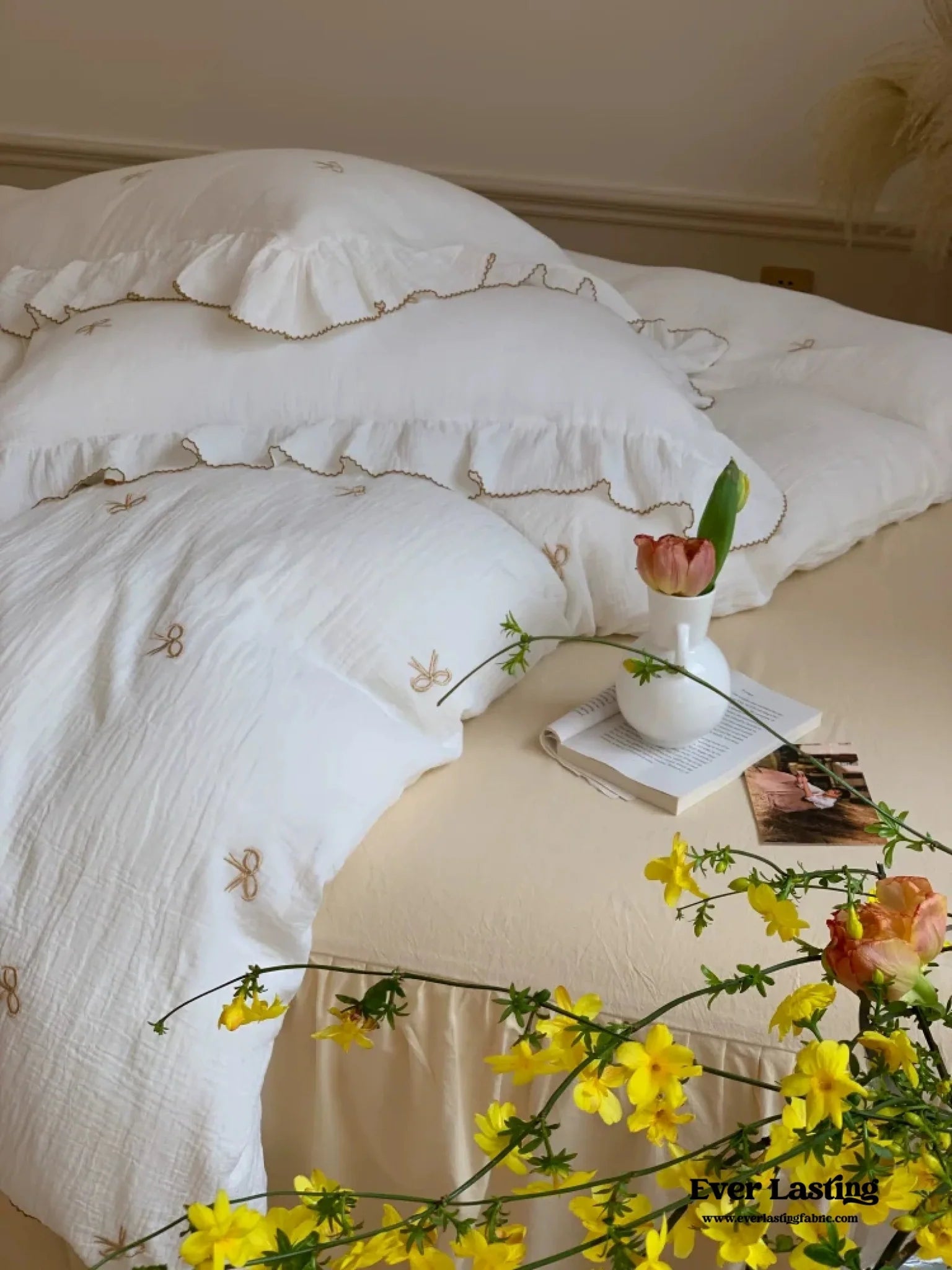  - Ever Lasting - Double Layer Ribbon Tie White Ruffle Bedding Set - Bedding Set - Ever Lasting