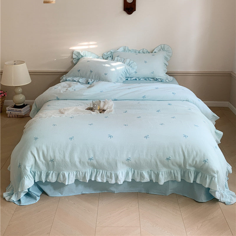 Double Layer Ribbon Tie White Ruffle Bedding Set Blue / Medium Flat