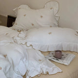 Double Layer Ribbon Tie White Ruffle Bedding Set / Medium Flat