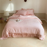 Double Layer Ribbon Tie White Ruffle Bedding Set Pink / Medium Flat