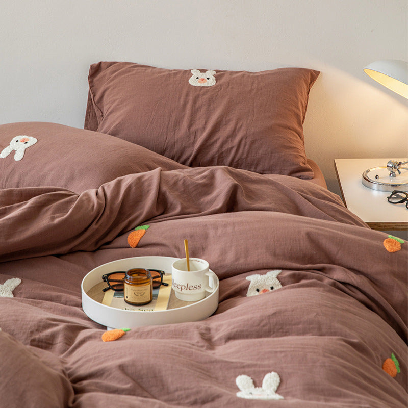 Double Layered Embroidered Bedding Bundle Chocolate - Rabbit / Small Fitted