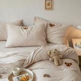 Double Layered Embroidered White Bedding Set / Broccoli Tan - Bear Small Fitted