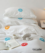 Double Layered Embroidered White Bedding Set / Happy Face