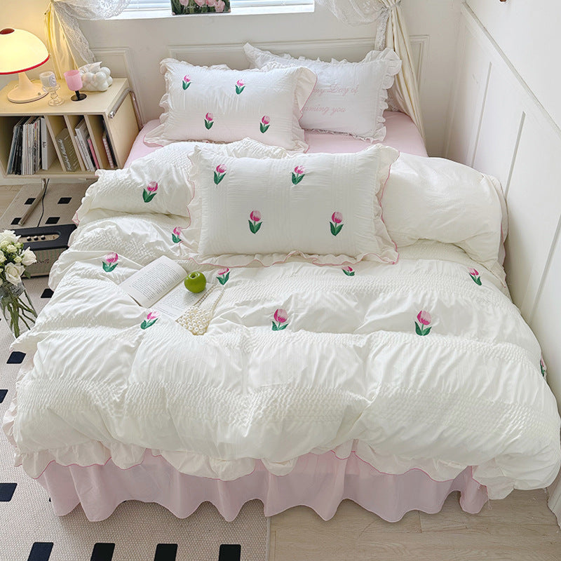 Dreamy Embroidered Ruffle Bedding Bundle Pink Tulip / Small Flat