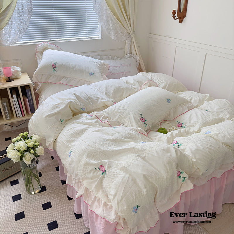 Dreamy Embroidered Ruffle Bedding Set / Ribbon