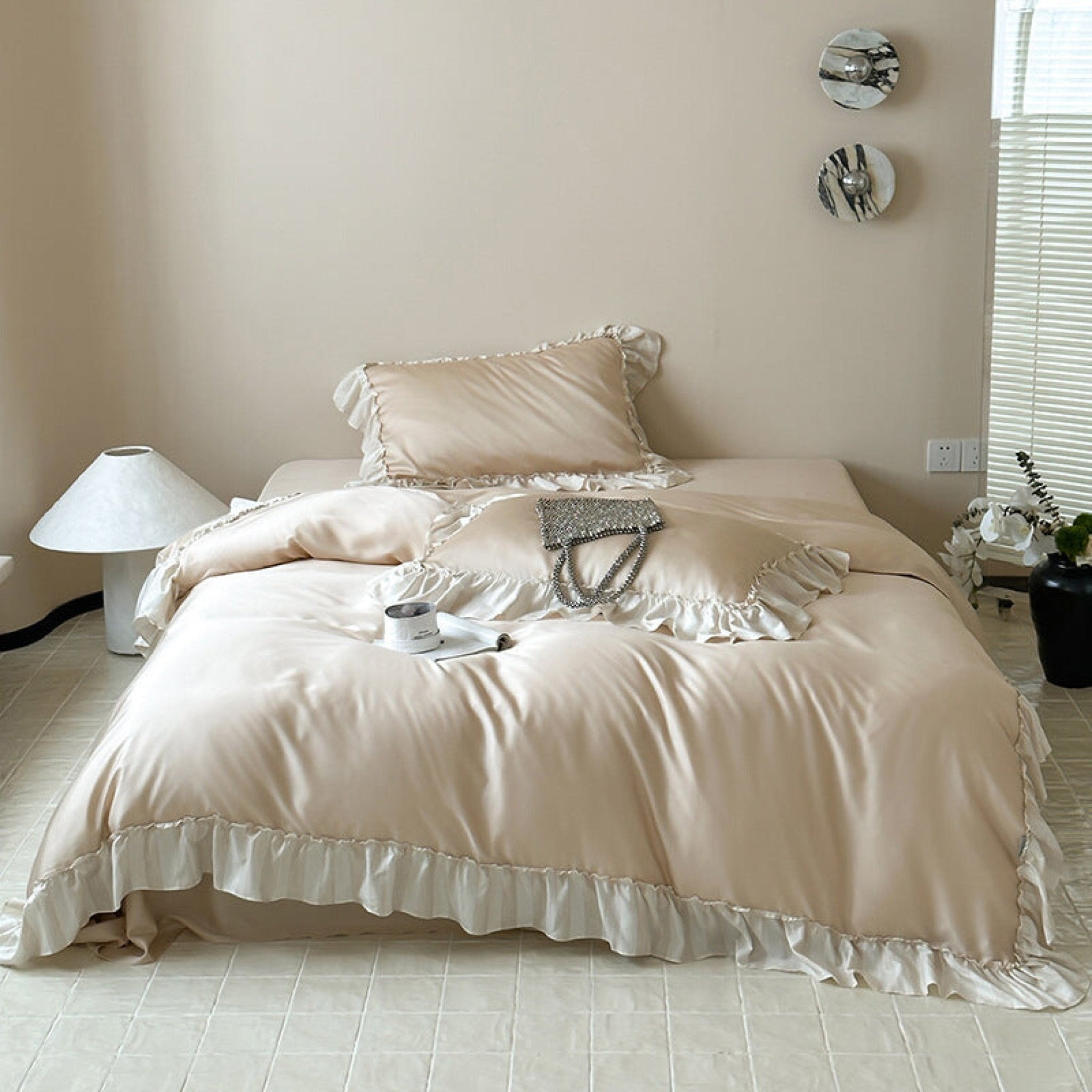 Dreamy Silky Ruffle Tencel Bedding Set / Beige - Ever Lasting
