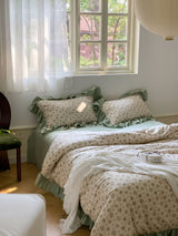 Duo Cottage Floral Ruffle Bedding Set / Cherry Brown Green Small Flat